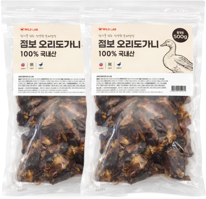 국내산 강아지 대용량 점보 숯불 수제간식, 500g, 2개, 오리도가니