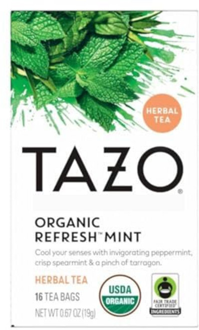 TAZO Organic Refresh Mint Herbal Tea Bags with Peppermint and Spearmint Caffeine Free 16 Total, 티백 16개, 리프레쉬 민트, 1개, 19g