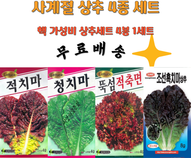 상추씨앗 4종세트 사계절용상추씨 무배, 1개