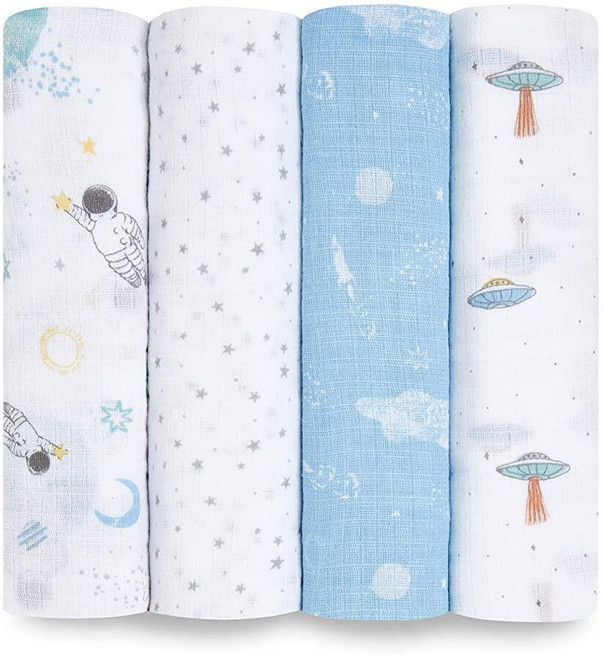 Aden + anais Essentials 면 모슬린 포대기 통기성 있는 아기 담요 남아 여아 신생아 아기 및 유아에게 이상적 속싸개 부드럽고 가벼운 랩 4팩, 우주 탐험가