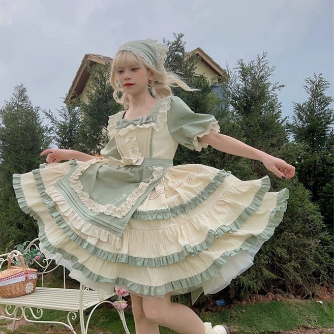 알프스소녀 공주 드레스 중세시대 복고 하이디 퍼프, 풀그린 새상품-두건-에이프런-스커트