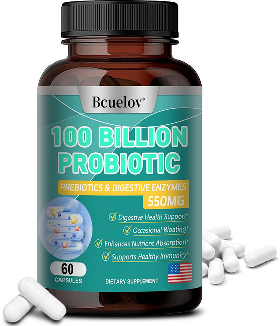 프로바이오틱 캡슐 1000억 CFU - 소화 및 장 건강 지원 - 가끔씩 나타나는 변비 설사 가스 및 복부 팽창 완화, 1개, 60캡슐, 60정