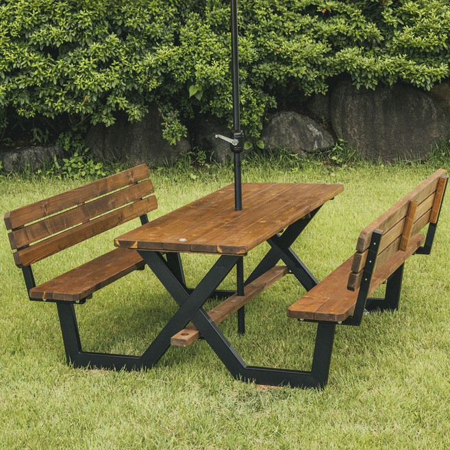 100% 통원목 야외 테이블 세트 (강철 프레임), 4인용 [강철] 양쪽등받이 월넛색