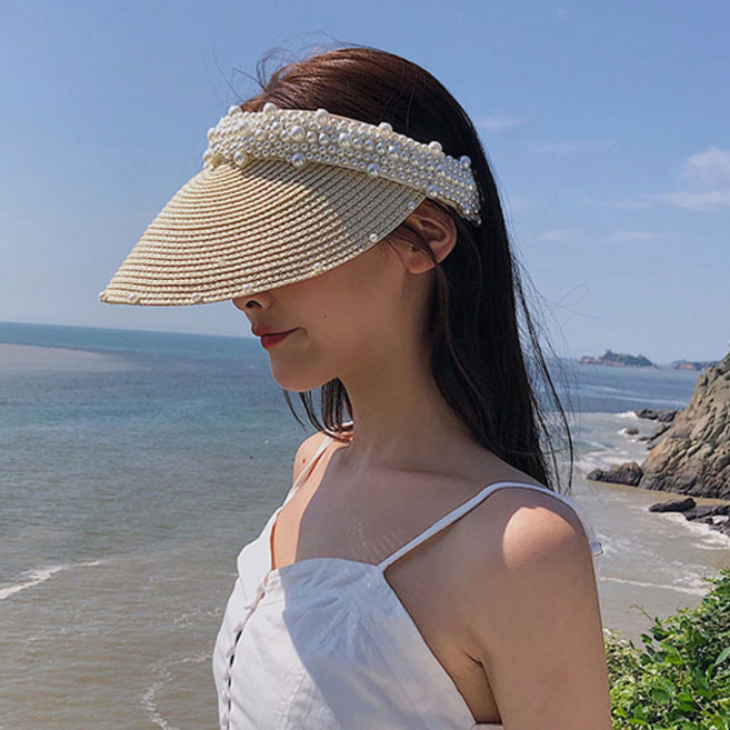 장바9니 비즈진주 여성썬캡 챙넓은 자외선 햇빛모자