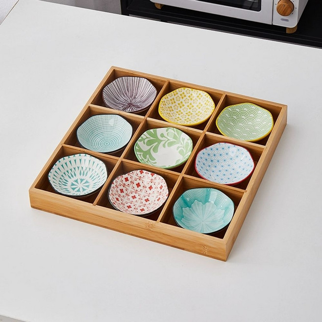일본 일식 나무그릇 고바찌 구절판 격자 반찬접시 트레이, D. 9 그리드  디스크 스타일 4, 1개