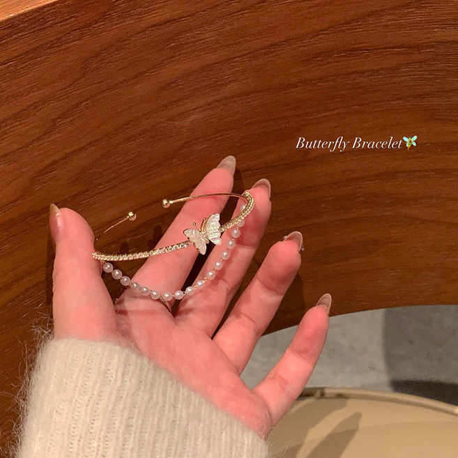나비 진주 레이어드 팔찌 여성용 데일리 선물 팔찌