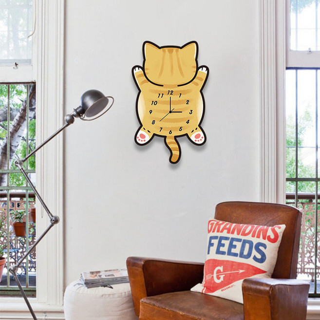 해피유통 고양이 캐릭터 무음 거실 시계 벽시계 jhz, 18.8*30cm, 노란색