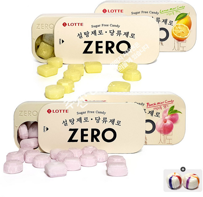 롯데 제로 28g(레몬민트) 2개+(피치민트) 2개+자색옥춘사탕 20g 세트, 1세트, 112g
