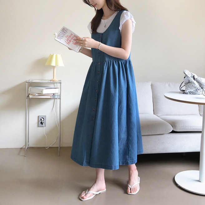 데일리앤 스코틀 여름 청 원피스 데님 멜빵 뷔스티에 롱원피스