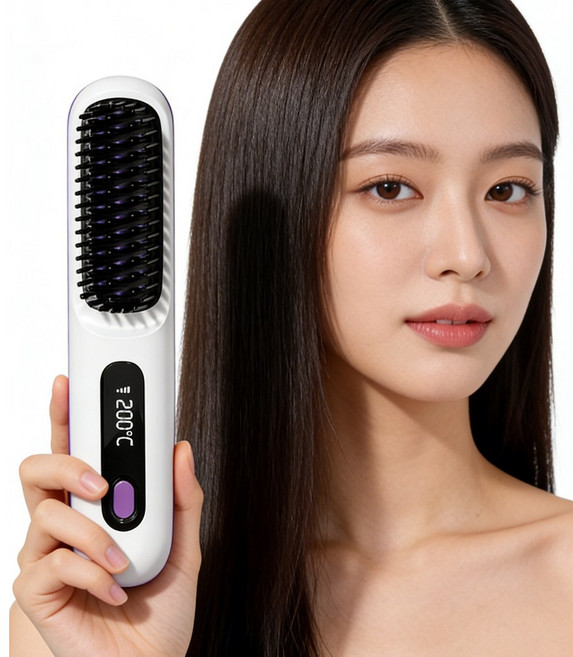 하루꿈 무선 빗 고데기 휴대용 브러쉬 스타일러 3단계 온도조절 USB 충전식 매직기, 아이보리, 1