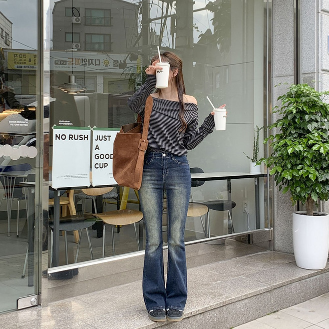 큐니티 여성용 데일리 숏/롱 워싱 하이웨스트 데님 세미부츠컷 스판 쫀쫀 키작녀 키큰녀 팬츠