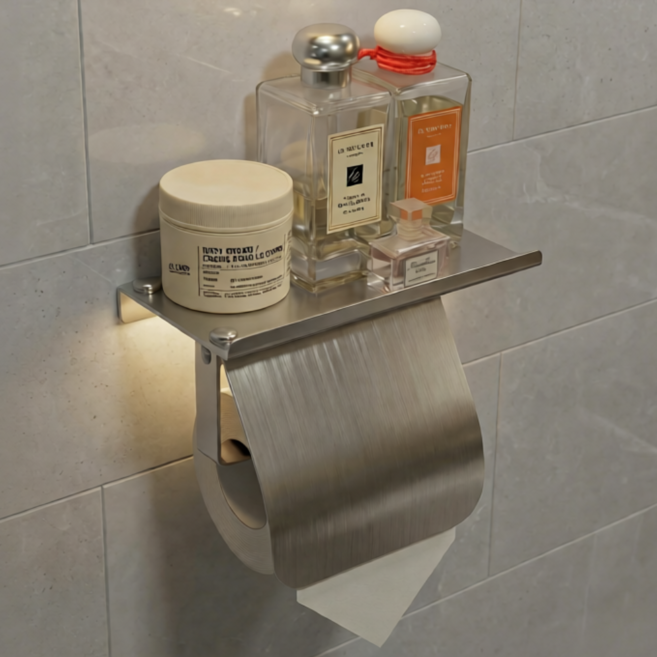 랄드 무타공 선반형 휴지걸이 욕실 화장지걸이 초강력 접착후크제공, 1개, 메탈릭실버