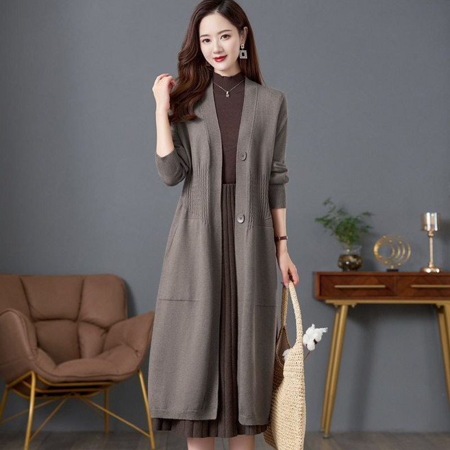 중년 여성 롱 니트 가디건 봄가을 고급스러운 루즈핏 아우터 겨울 캐주얼 브이넥 스웨터 코트 LJX