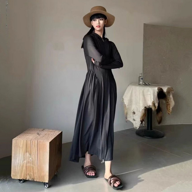 ROYALBELLE 여성 후드 긴팔 슬림핏 캐주얼 아이스 롱 쿨링 자외선 차단 래시가드 K021317, 블랙