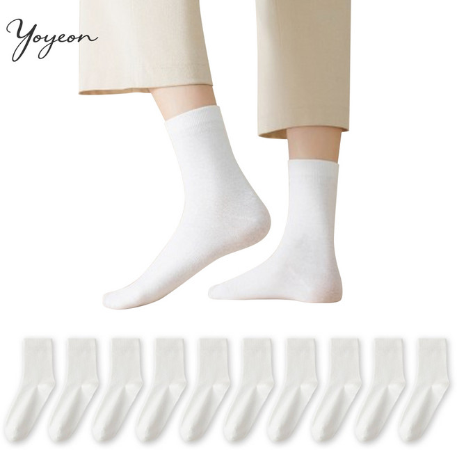 여성용 사계절 프리미엄 순면 무지 데일리 베이직 중목양말 10켤레 세트