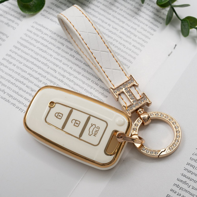 현대 기아 아반떼 K5 K7 스포티지 벨로스터 모닝 레이 산타페 호환 스마트키 TPU 케이스 자동차 키링 키홀더, H큐빅스트랩_KH06, 3버튼_화이트_TA31