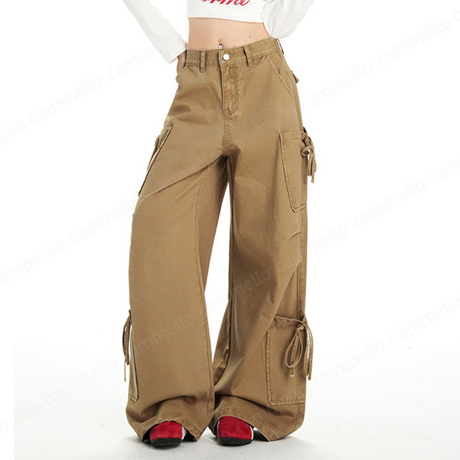 cammello 피치코튼 리본 빅 카고 포켓 와이드팬츠 빈티지 하이웨이스트 봄가을 면바지