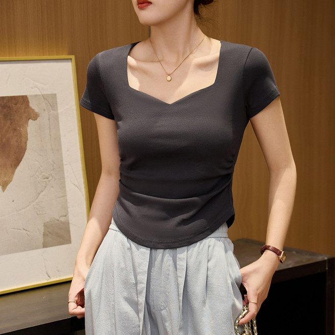 엘에프제트 여성 튤립넥 옆밴딩 셔링 반팔티 스판 면티 25200