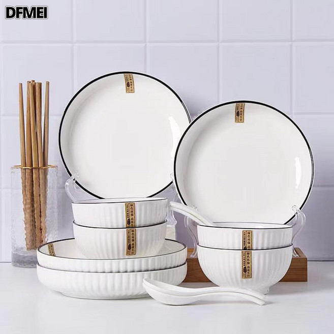 DFMEI 16件套 碗盤餐具套裝 家用陶瓷碗筷 防燙隔熱碗 盤套裝四人食套裝, 1個, 白色, 16件套山田