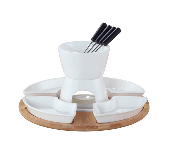 초코퐁듀 세라믹 가정용 1인 초콜릿중탕기 치즈퐁듀그릇 치즈워머, 화이트퐁듀+4개 접시+대나무받침+포크4개, 1개