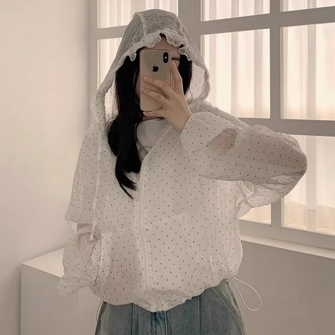 레티고 여름장마 간절기템 시스루 도트 긴팔 후드 집업