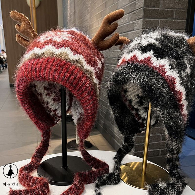 크리스마스 사슴뿔 귀달이 니트 모자 두꺼운 방한 모자