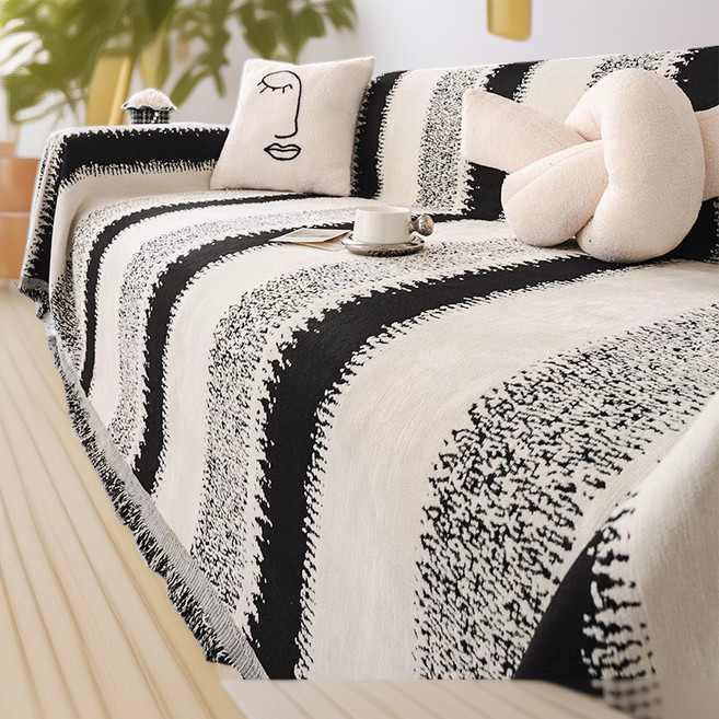 斑馬紋雪尼爾沙發蓋巾 ins風北歐四季通用防貓抓蓋布 全蓋式沙發防塵防滑萬能布, 斑馬紋黑白-yy1【高密度雪尼爾】,181cm長度*181CM寬度【雙人】, 1個