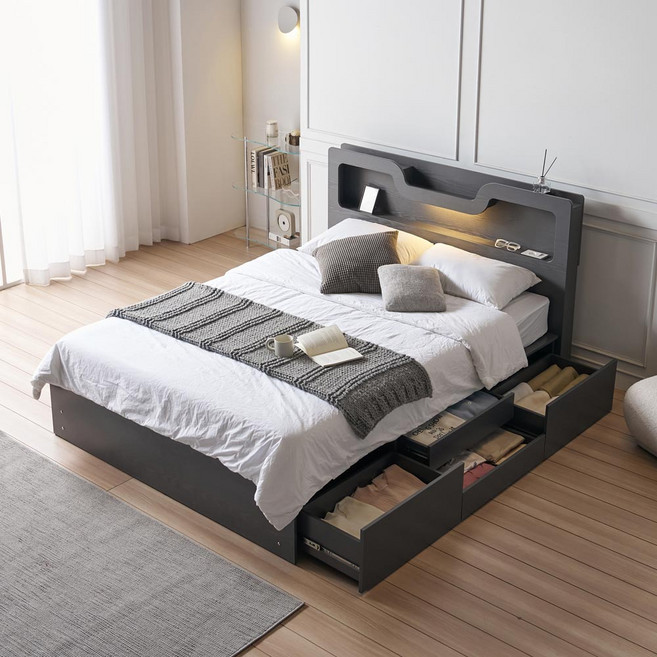 상일리베가구 호텔 메이든 LED 수납 침대+독립 유로탑 40T 매트리스 세트 SSQK, 그레이