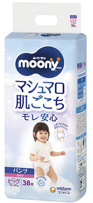 滿意寶寶 moony 女寶寶用棉花糖觸感防漏安心褲型, 38張, 大號(Big)