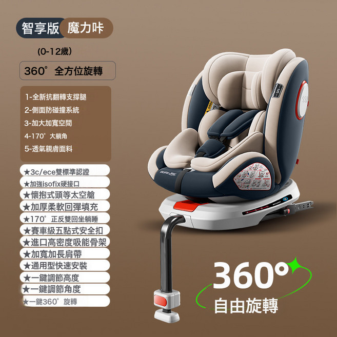 適用於俏貝比兒童安全座椅汽車用寶寶嬰幼兒車載新生兒0-4-其他2, 智享咔【抗翻滾支撐腿+360°旋轉 鋼架+大躺角】+加大加寬