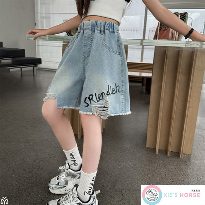 키즈목마 여아용 여름 주니어 레터링 포인트 연청 밴딩 와이드 데님 반바지 896