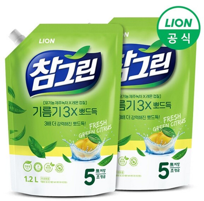 참그린 녹차 기름기 뽀드득 주방세제 1.2L리필 2개, 1.2L
