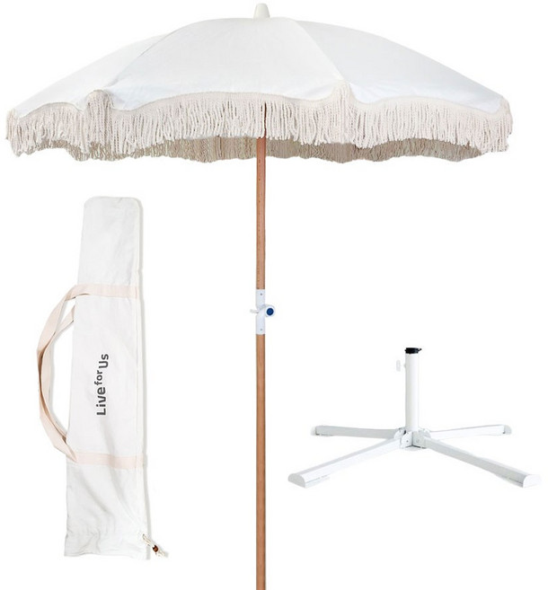 캠인노크 우드 태슬 파라솔+받침대+가방세트, 아이보리화이트