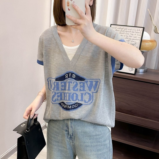 Asure 여자 레이어드 냉장고 반팔티 루즈핏 배색 브이넥 반팔티셔츠