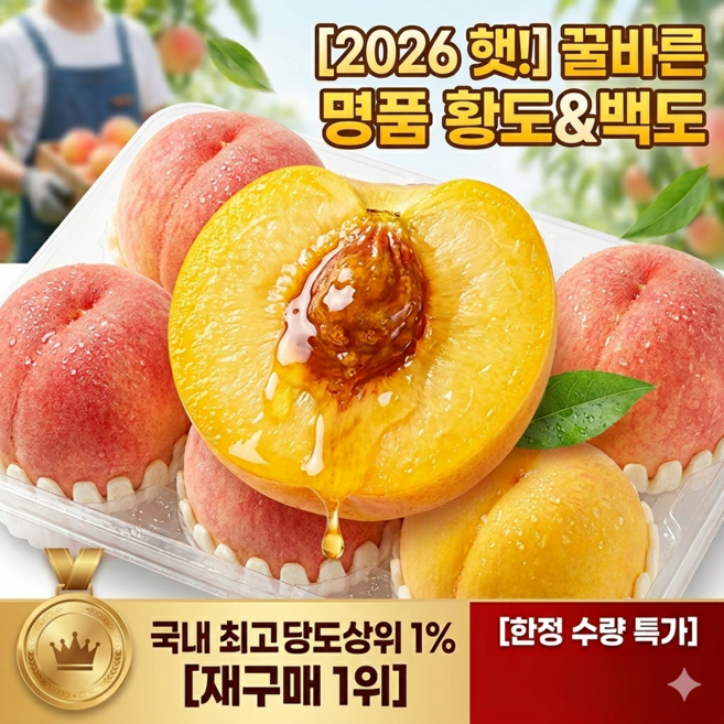 [재구매1위/과즙폭발] 2026 햇 꿀바른 복숭아 고당도 하우스 털복숭아 산지직송, 1박스, 중소과 1kg(7-9과)