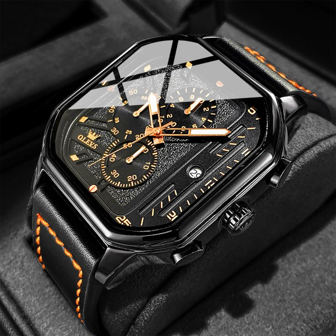 OLEVS 남성 시계 가죽 럭셔리 명품 다기능 방수 야광 다기능 석영 남자손목시계