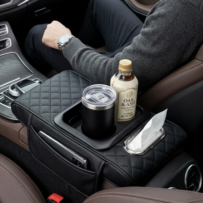 라이프엔라이크 차량용 팔걸이쿠션 수납함 팔걸이 팔받침대 팔거치대 컵홀더 콘솔 팔걸이 쿠션, 1개, 블랙