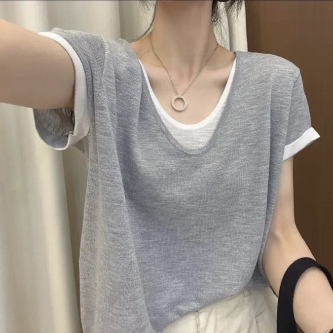 韓版夏季薄款U領短袖拼接上衣假兩件寬鬆撞色T恤女