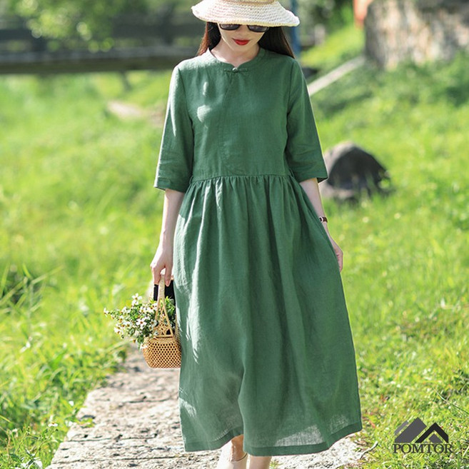 POMTOR 여성 원피스 그린 여름 린넨 롱원피스