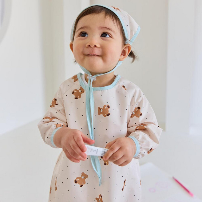 원라인 아기 유아 전신 미술가운 앞치마, 곰돌이(라운드)