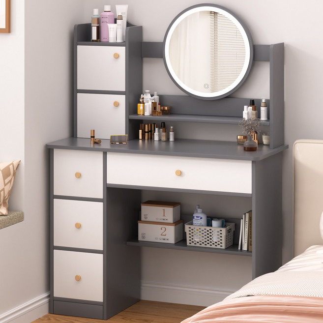 오솜 화장대 침실 LED 화장품 대용량 정리대 테이블, 그레이B