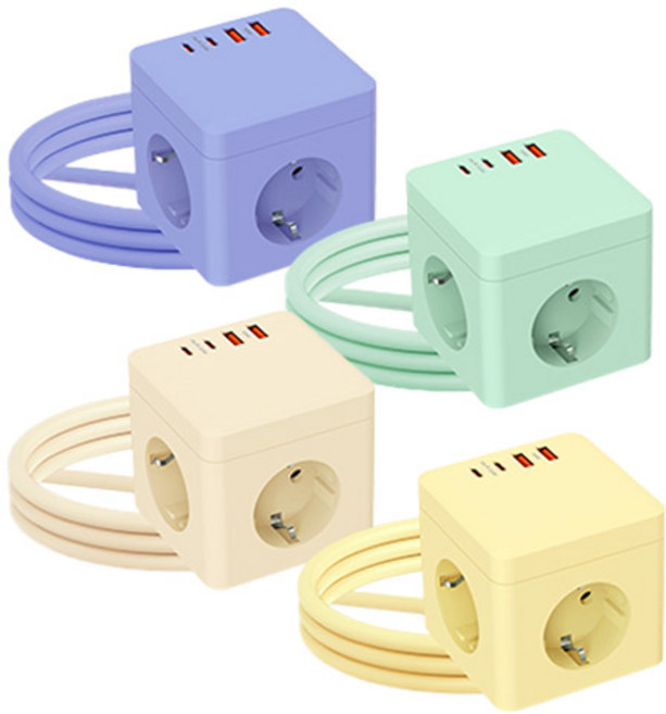 티메코 SF25W 큐브 디자인 멀티탭 4000W 고용량 3구 2M 초고속충전(C타입 2개 USB-A 2개), 1개, 커스터드옐로우