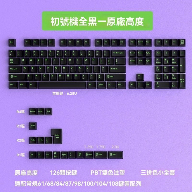初號機 機械鍵帽 PBT 三拼色 原廠高度, 初號機全黑(原廠高度小全套)