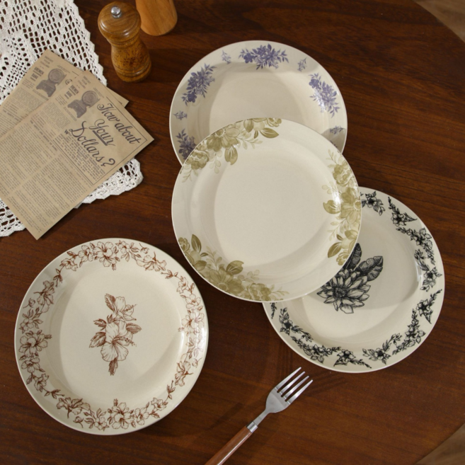 북유럽풍 빈티지 플라워 도자기 접시 가정용 볶음요리 접시 예쁜 양식 브런치 접시 22.8cm, 믹스컬러, 접시4p, 1세트