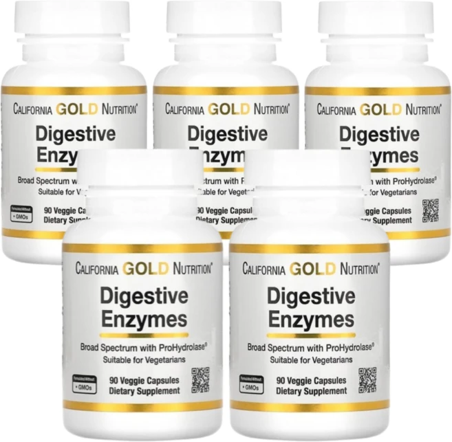 캘리포니아 골드 뉴트리션 소화 효소 다이제스티브 엔자임 90캡슐 5통, 90정 - 쿠팡