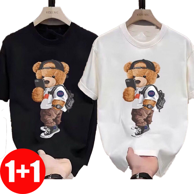 지고다그 1+1 여름용 순면 캐릭터 곰돌이 프린트 반팔 티셔츠 남녀공용 루즈핏 캐주얼 상의 ZK5039
