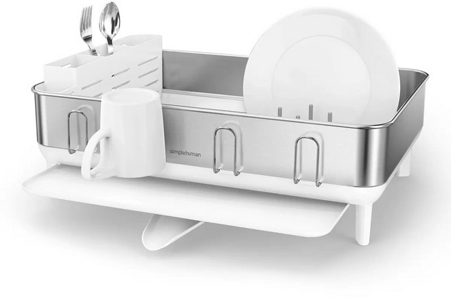 simplehuman 廚房碗盤瀝水架 附餐具收納盒 不鏽鋼材質 傾斜導水設計 快速瀝乾 節省空間, 白色, 1套