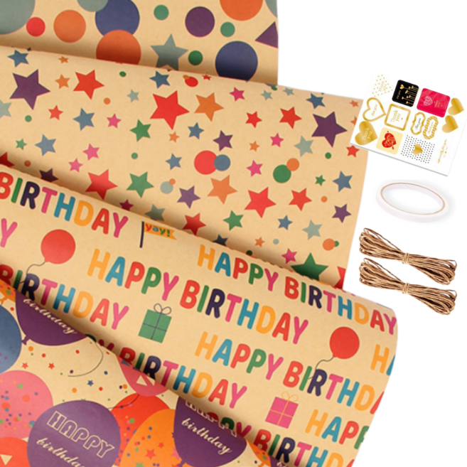 심플리비 알록달록 생일축하 선물 포장지 50x70cm 4종 세트 + 포장끈 2묶음 스티커 테이프, 1세트, 혼합색상