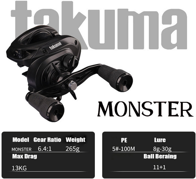 TAKUMA MONSTER 캐스팅 릴 6.4:1 265g 11+1 최대 드래그 13kg 7075 바닷물 민물용 알루미늄 합금 낚시, 01 Gear Ratio 6.4, 02 왼쪽