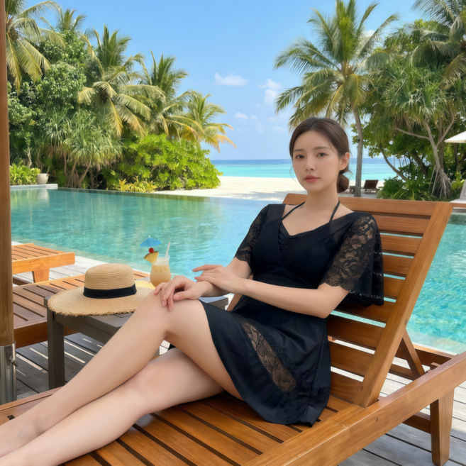 예쁜 실루엣 체형커버 치마 원피스 수영복 모노키니 실내 호캉스 비치웨어 (빅사이즈/임산부), 기본-검정